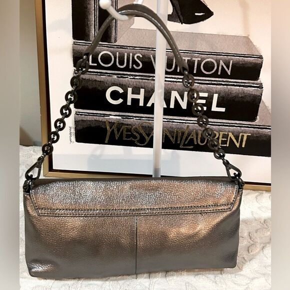 Calvin Klein Silver Metallic Leather Woven Chain Shoulder Bag Clutch Pochette - Picture 7 of 13